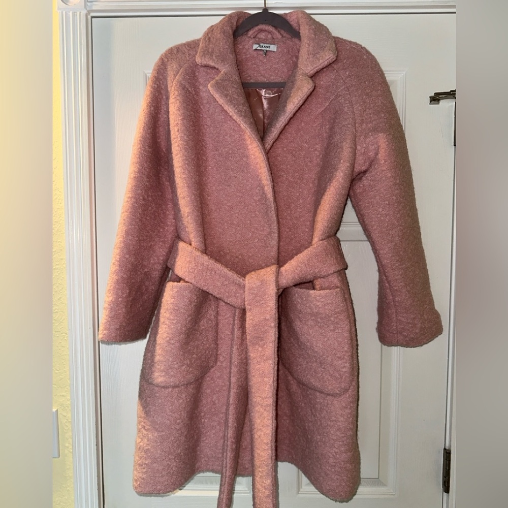 Ganni Pink Boucle Belted Wool Coat